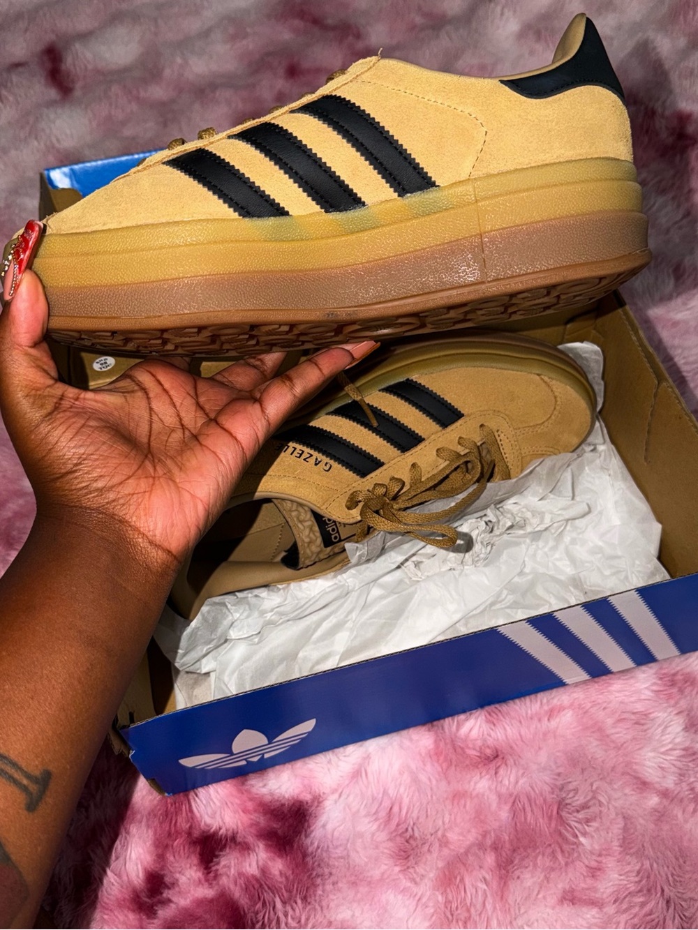 adidas Gazelle Platform Sneakers in Tan with Black Stripes